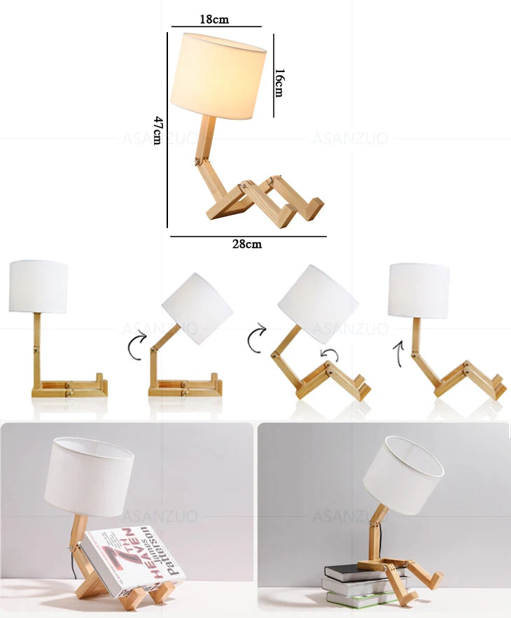 Nordic Art Wooden Robot Shaped Table Lamp