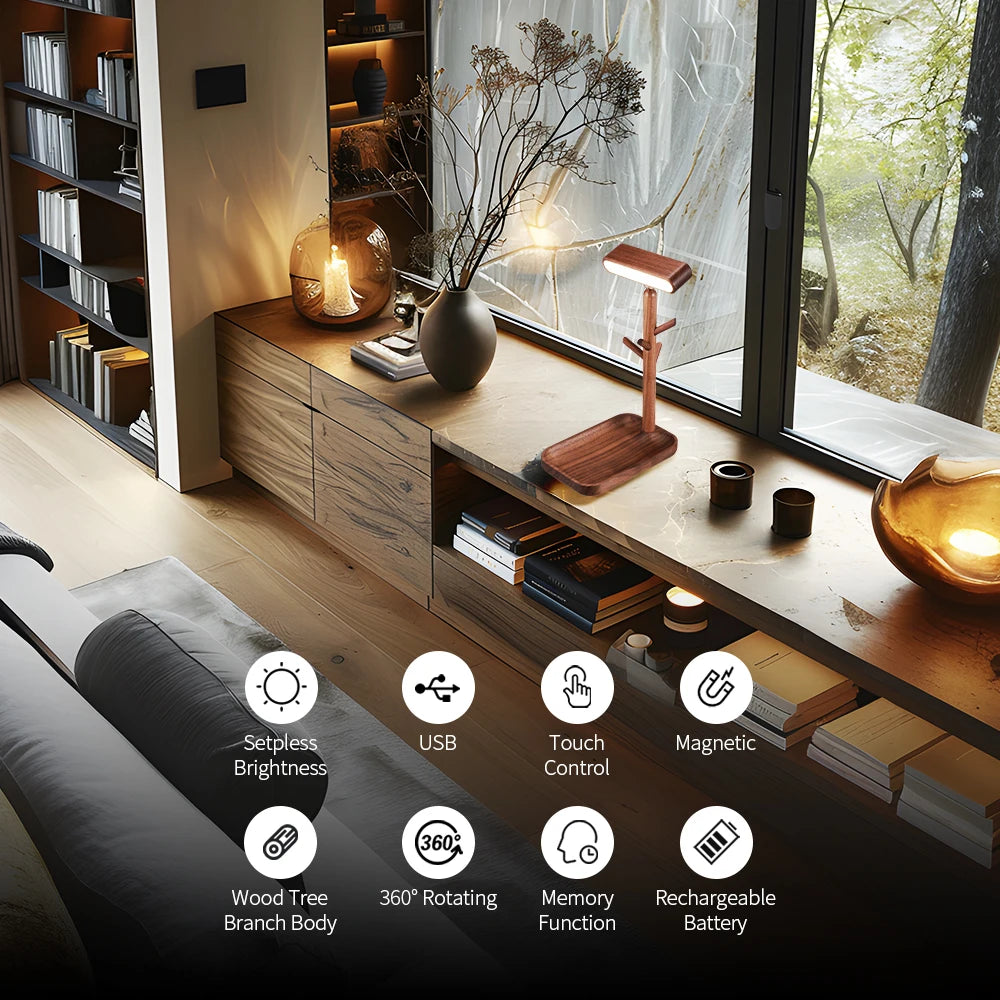 Nordic Wood LED Desk Lamp Branches Storage