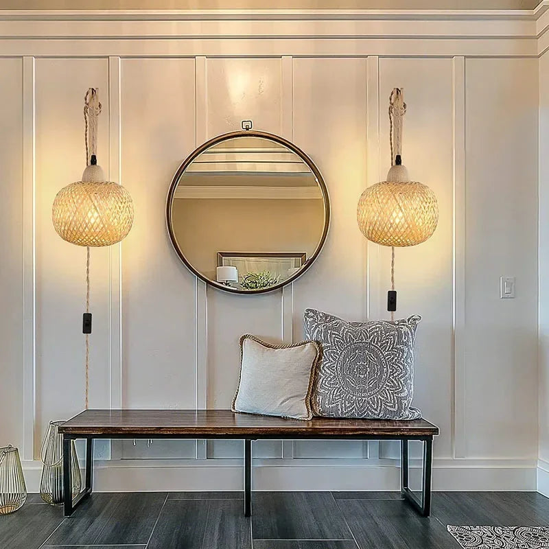 Bamboo Lantern Wall Lamp Natural Rattan Wicker