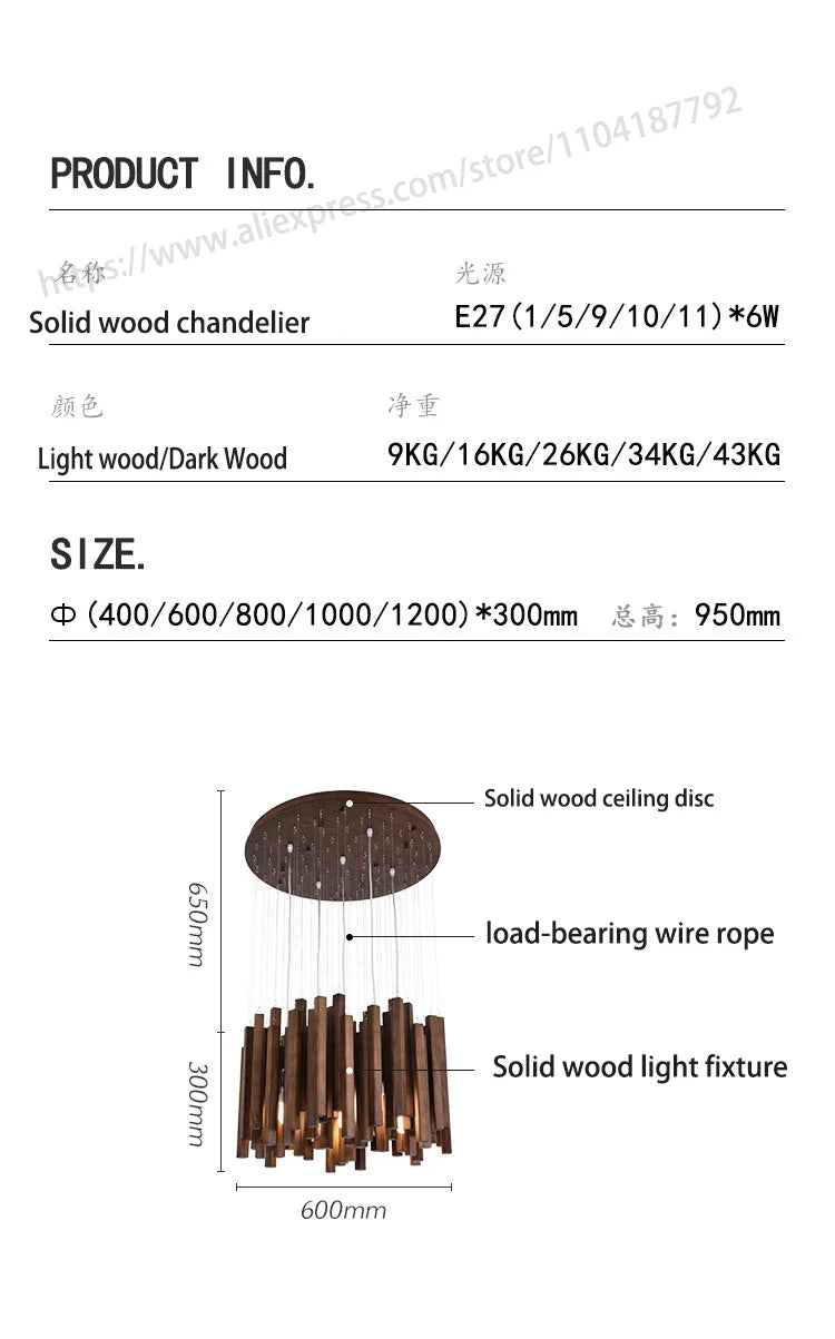 Retro Wooden Hanging Chandelier Light