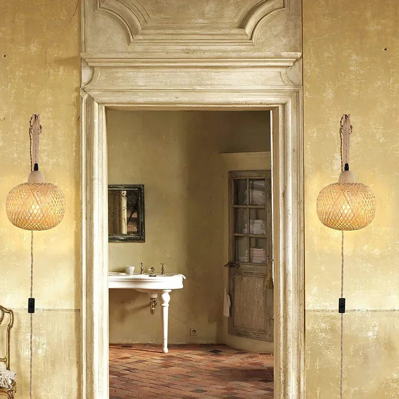 Bamboo Lantern Wall Lamp Natural Rattan Wicker